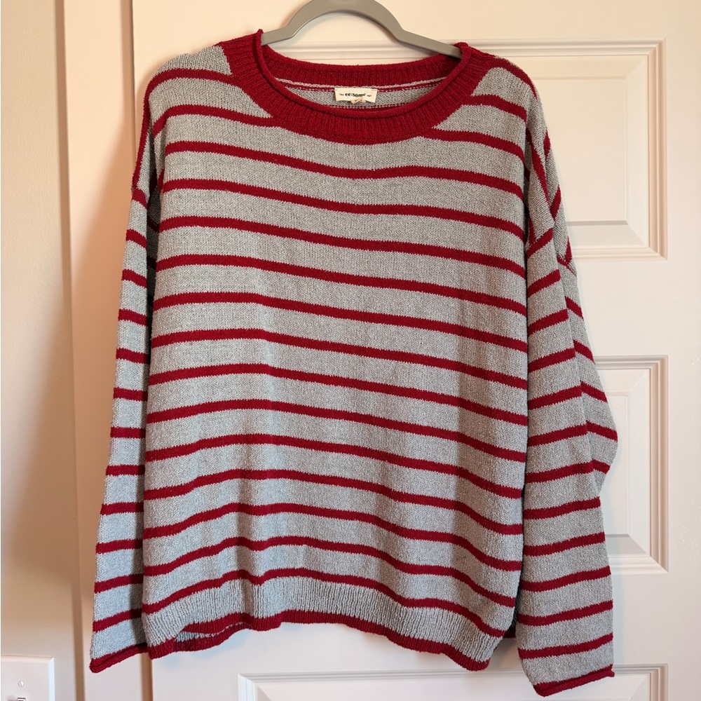 Striped Red and Light Gray Crewneck Sweater - S/M